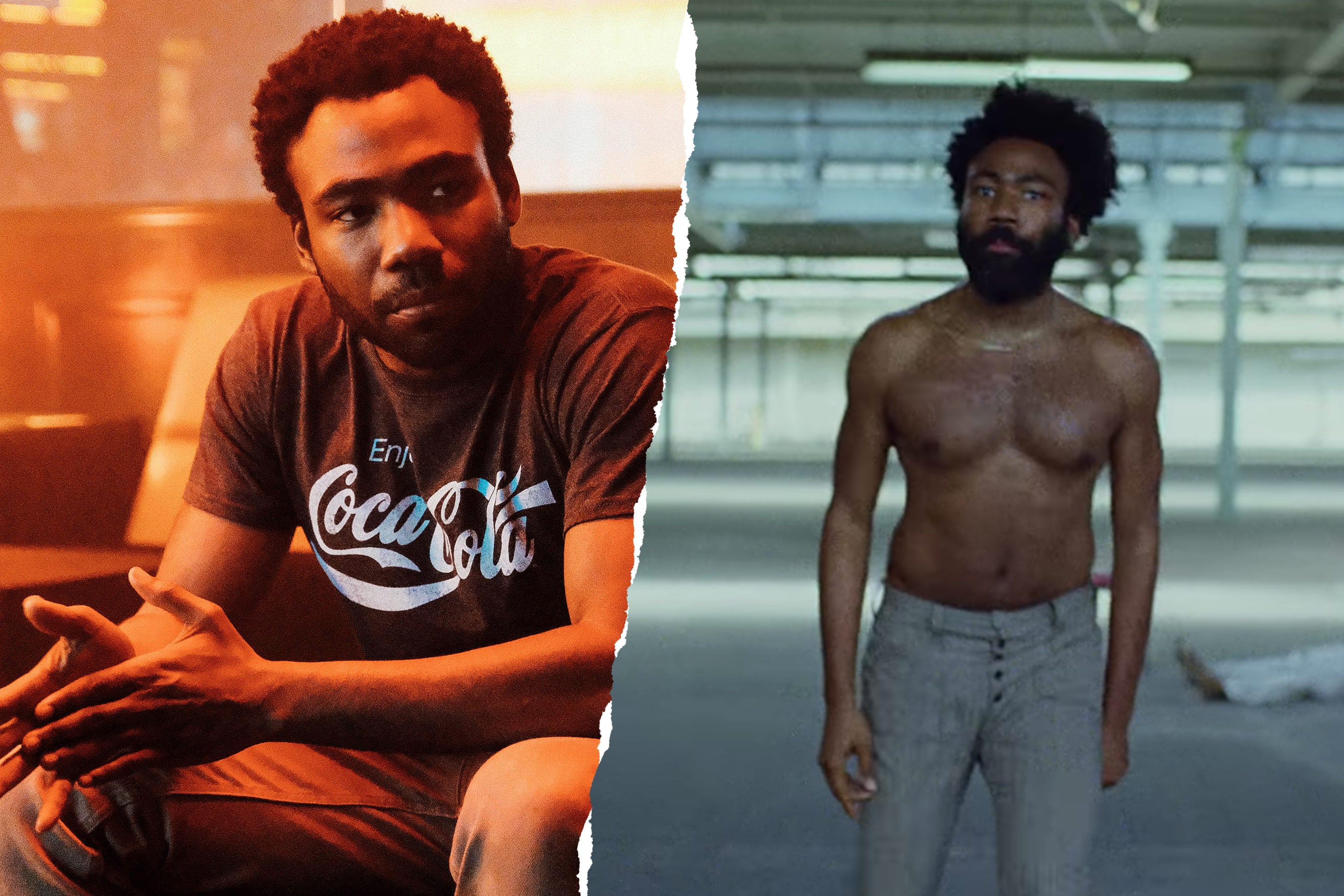 Donald Glover in Atlanta and a screenshot of the video for “This is America.”