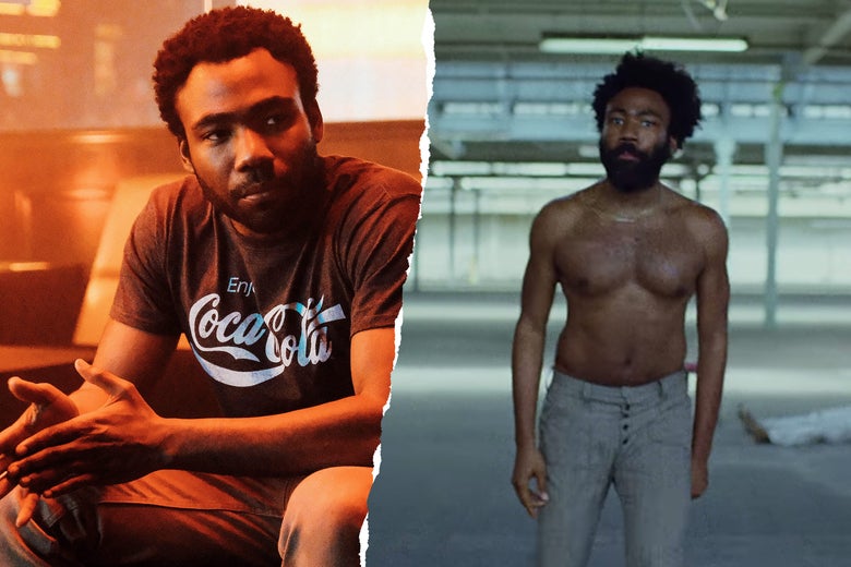 Donald Glover in Atlanta and a screenshot of the video for “This is America.”