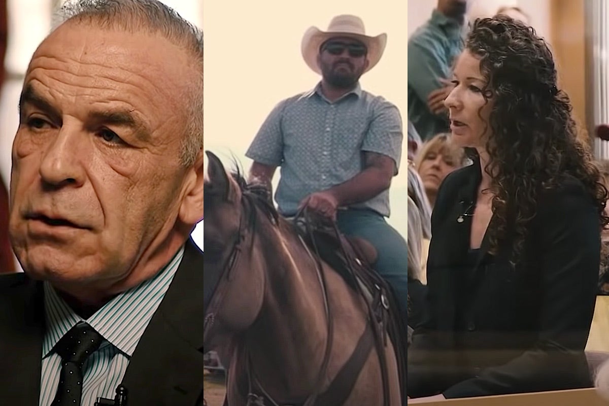 A triptych of a man in close-up, a man in a cowboy hat riding a horse, and a woman speaking at a board of supervisors meeting