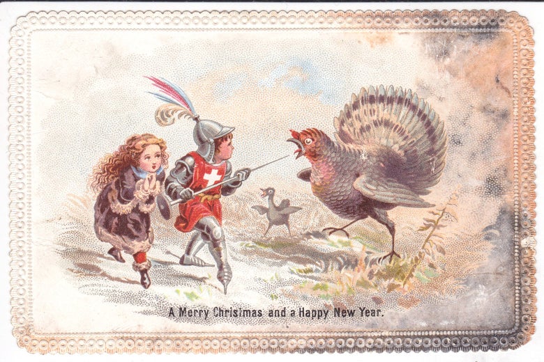 Illustration of a knight brandishing a weapon against a large bird and a small bird to shield the frightened girl at his side