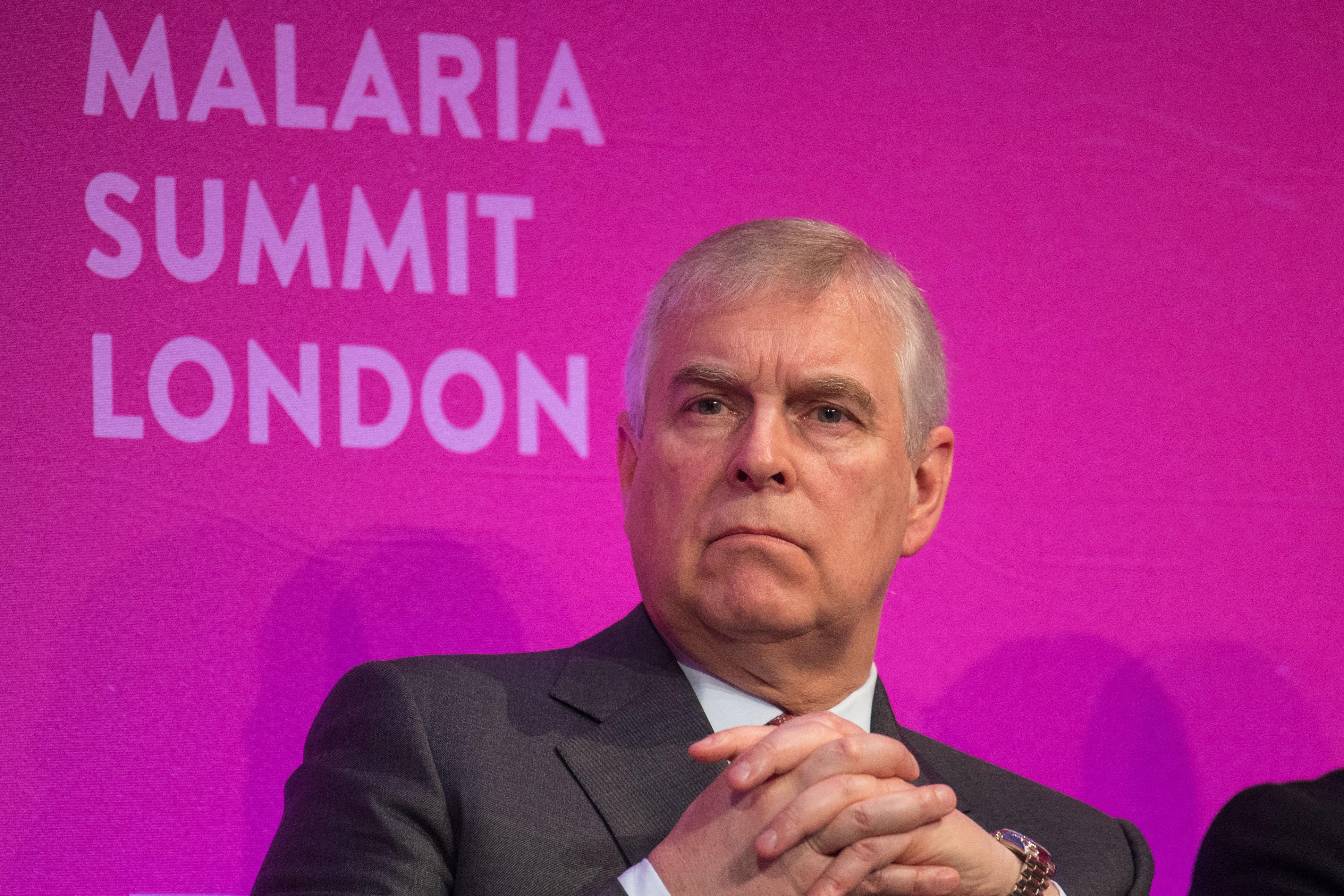 Prince Andrew in front of a backdrop that says Malaria Summit London.