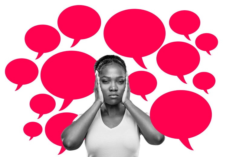 A woman covers her ears in a swarm of speech bubbles.