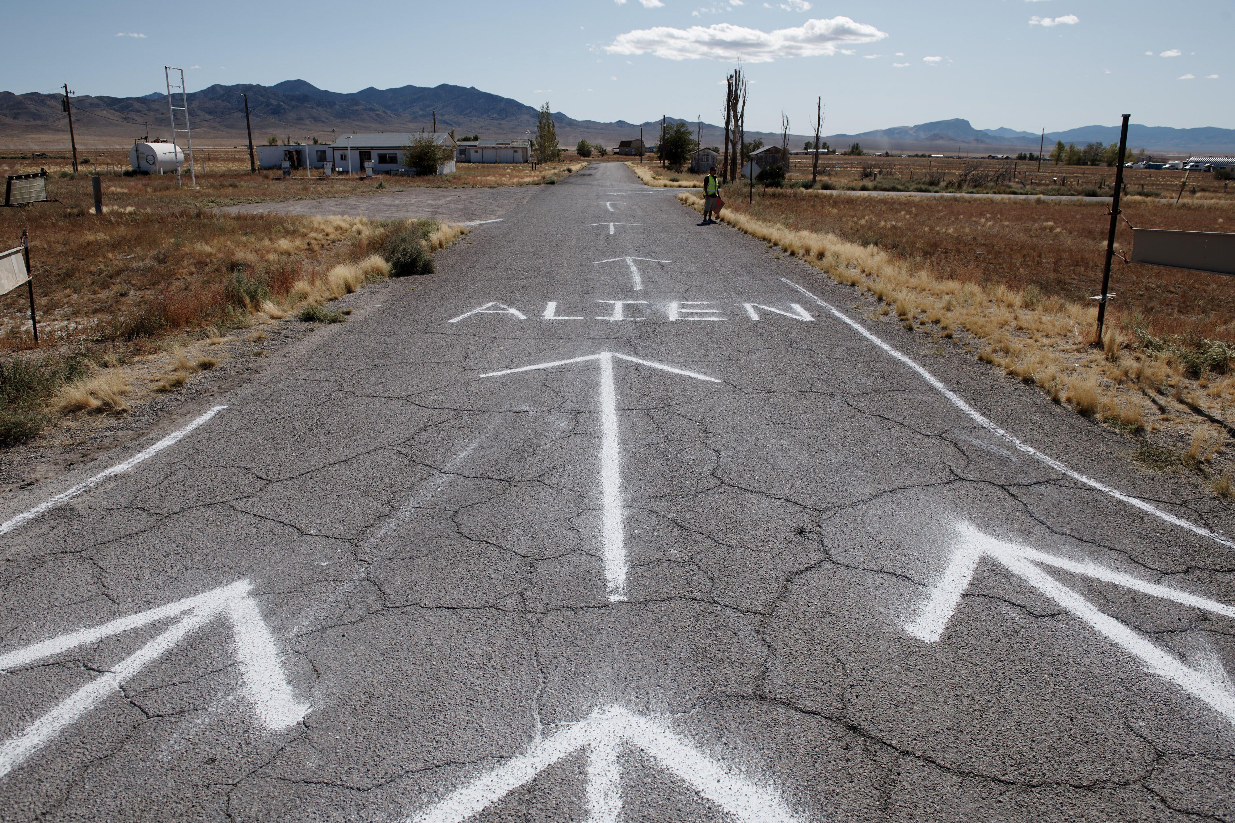TOPSHOT - The entrance to Alienstock festival is marked on the road in Rachel, Nevada on September 20, 2019. - A joke Facebook event named "Storm Area 51, They Can't Stop All of Us," was created in June 2019. As of September 13, more than 2 million people had signed up for the event and a 1.5 million more had marked themselves as "interested." Multiple alien related events are now set to take place over the weekend of September 20, 2019 along state Route 375 also known as the "Extraterrestrial Highway." (Photo by Bridget BENNETT / AFP) (Photo by BRIDGET BENNETT/AFP via Getty Images)