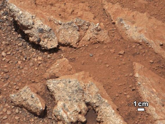 In this image from NASA's Curiosity rover, a rock outcrop called Link pops out from a Martian surface that is elsewhere blanketed by reddish-brown dust. 