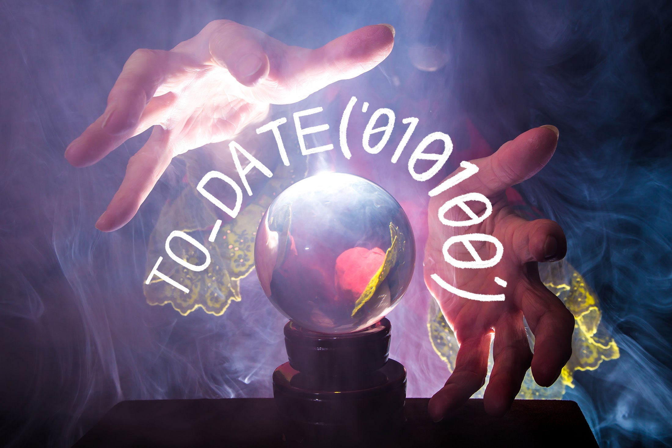 Hands embracing a crystal ball, encircled by a line of y2k code: TO_DATE('010100').