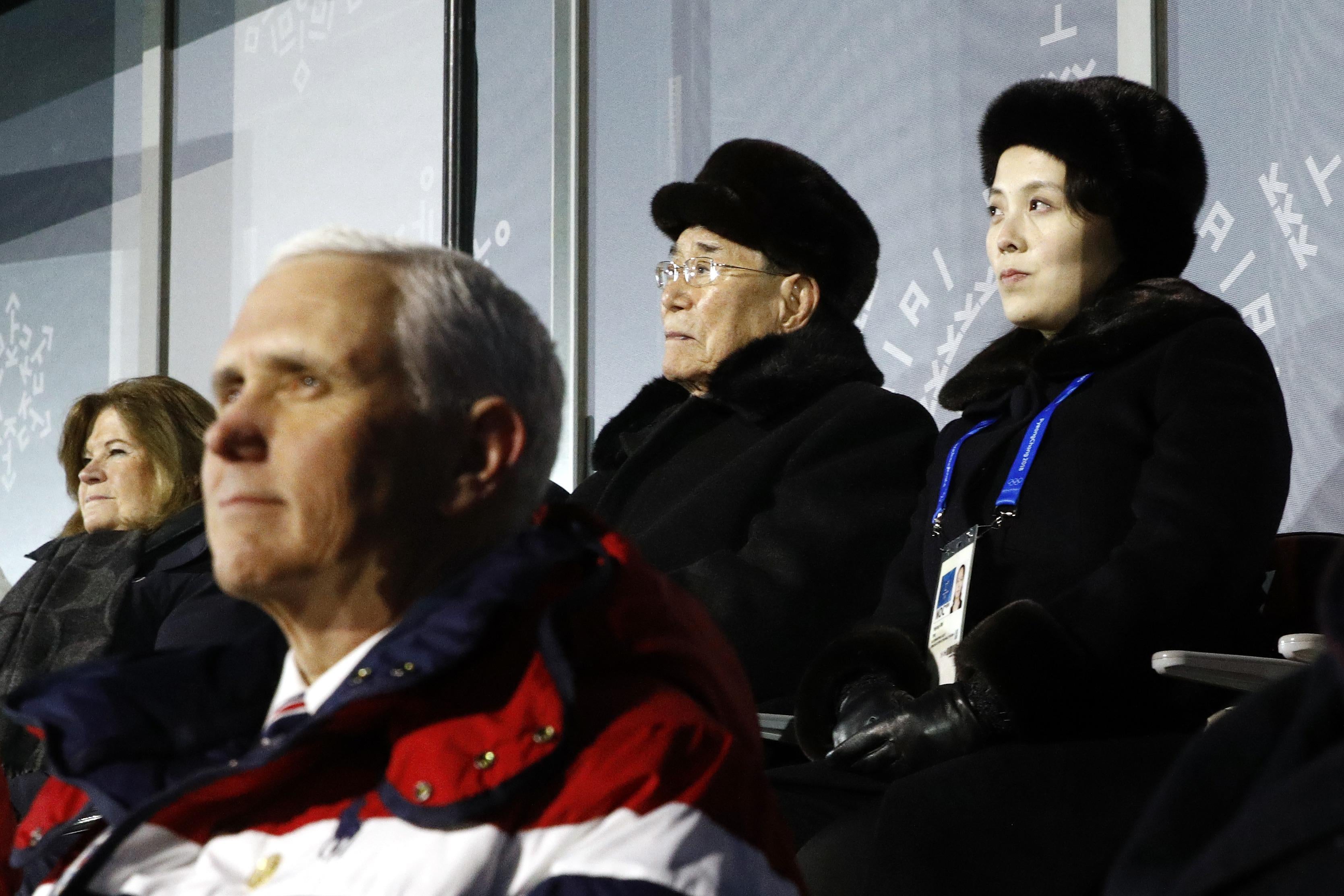 PYEONGCHANG-GUN, SOUTH KOREA - FEBRUARY 09:  Kim Yo Jong, top right, sister of North Korean leader Kim Jong Un, sits alongside Kim Yong Nam, president of the Presidium of North Korean Parliament, and behind U.S. Vice President Mike Pence as she watches the opening ceremony of the 2018 Winter Olympics at PyeongChang Olympic Stadium on February 9, 2018 in Pyeongchang-gun, South Korea.  (Photo by Patrick Semansky - Pool /Getty Images)