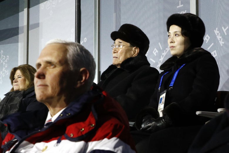 PYEONGCHANG-GUN, SOUTH KOREA - FEBRUARY 09:  Kim Yo Jong, top right, sister of North Korean leader Kim Jong Un, sits alongside Kim Yong Nam, president of the Presidium of North Korean Parliament, and behind U.S. Vice President Mike Pence as she watches the opening ceremony of the 2018 Winter Olympics at PyeongChang Olympic Stadium on February 9, 2018 in Pyeongchang-gun, South Korea.  (Photo by Patrick Semansky - Pool /Getty Images)