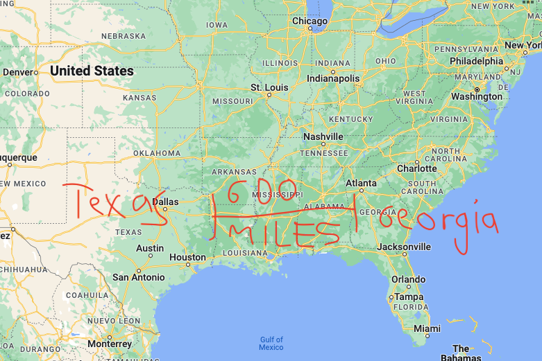 A map of the lower United States crudely labeled with the words "Texas" and "Georgia" and a line between them labeled "600 miles."