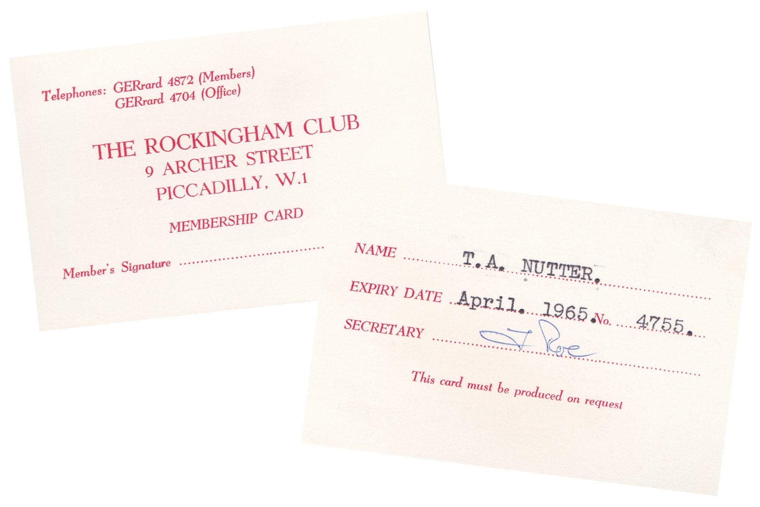 Rockingham Club membership card.
