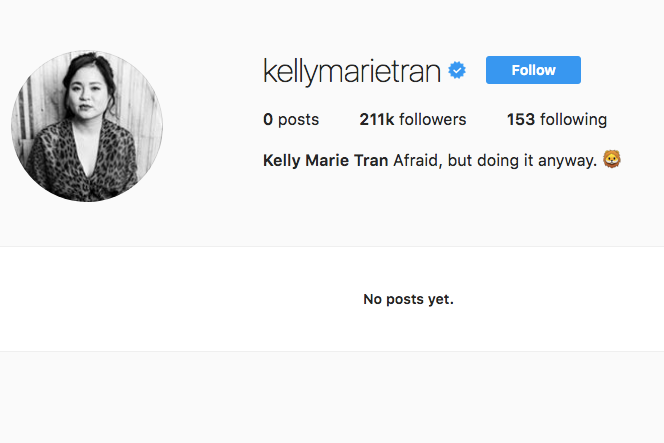 A screenshot of Kelly Marie Tran's Instagram page. It is blank, and says "no posts yet."