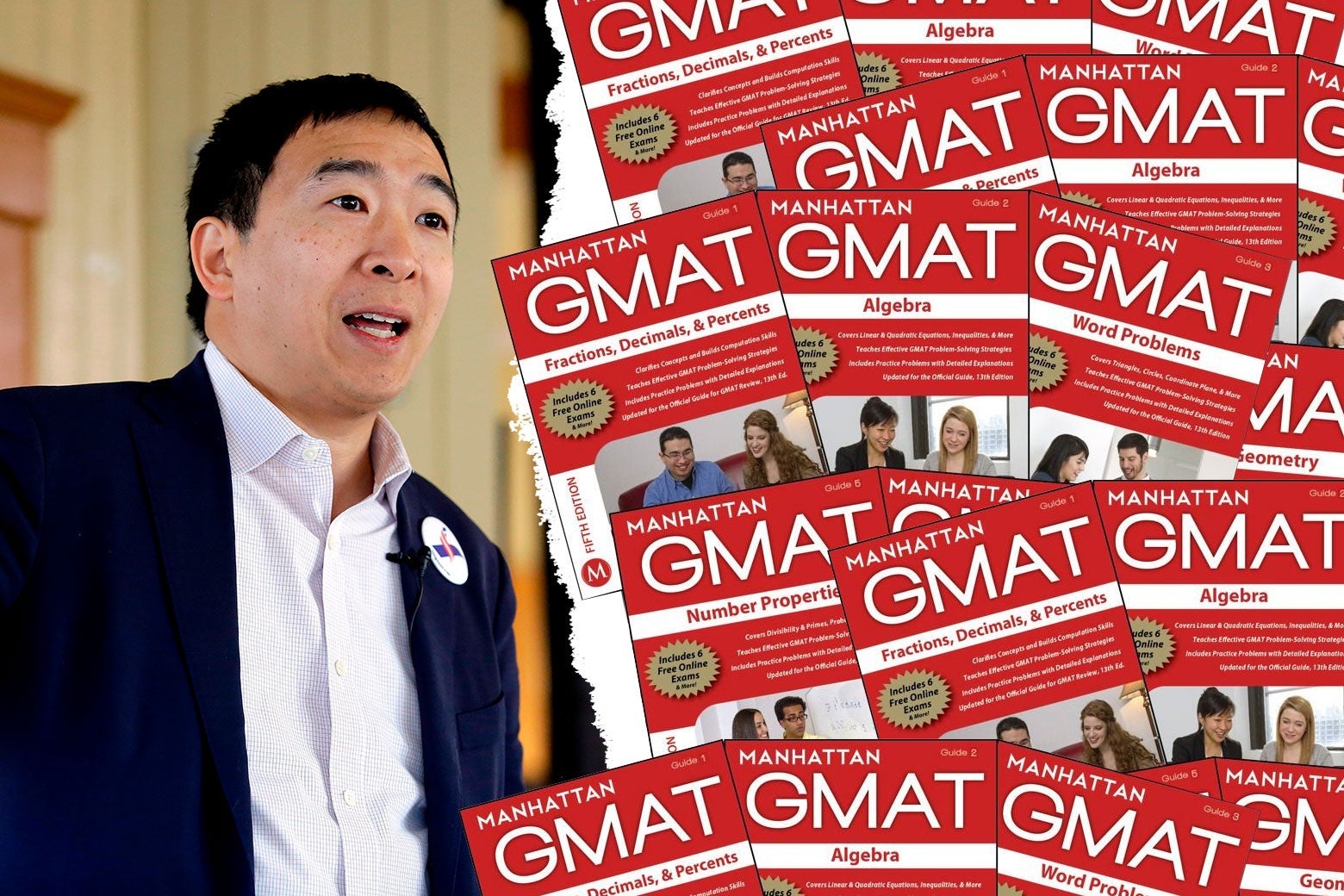 Andrew Yang and Manhattan Prep GMAT book covers.