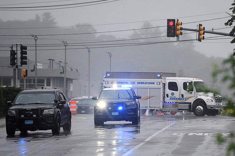 A Special Operations unit arrives after state police announced they were conducting a search for armed persons following a traffic stop in Wakefield, Massachusetts on July 3, 2021. 