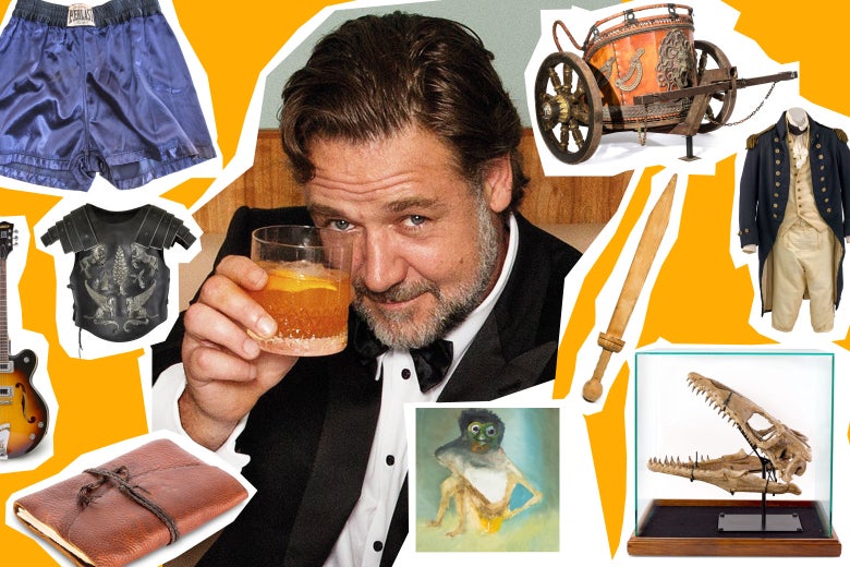 Photo illustration: a cutout photo of Russell Crowe amongst photos of the items for sale in his divorce auction.