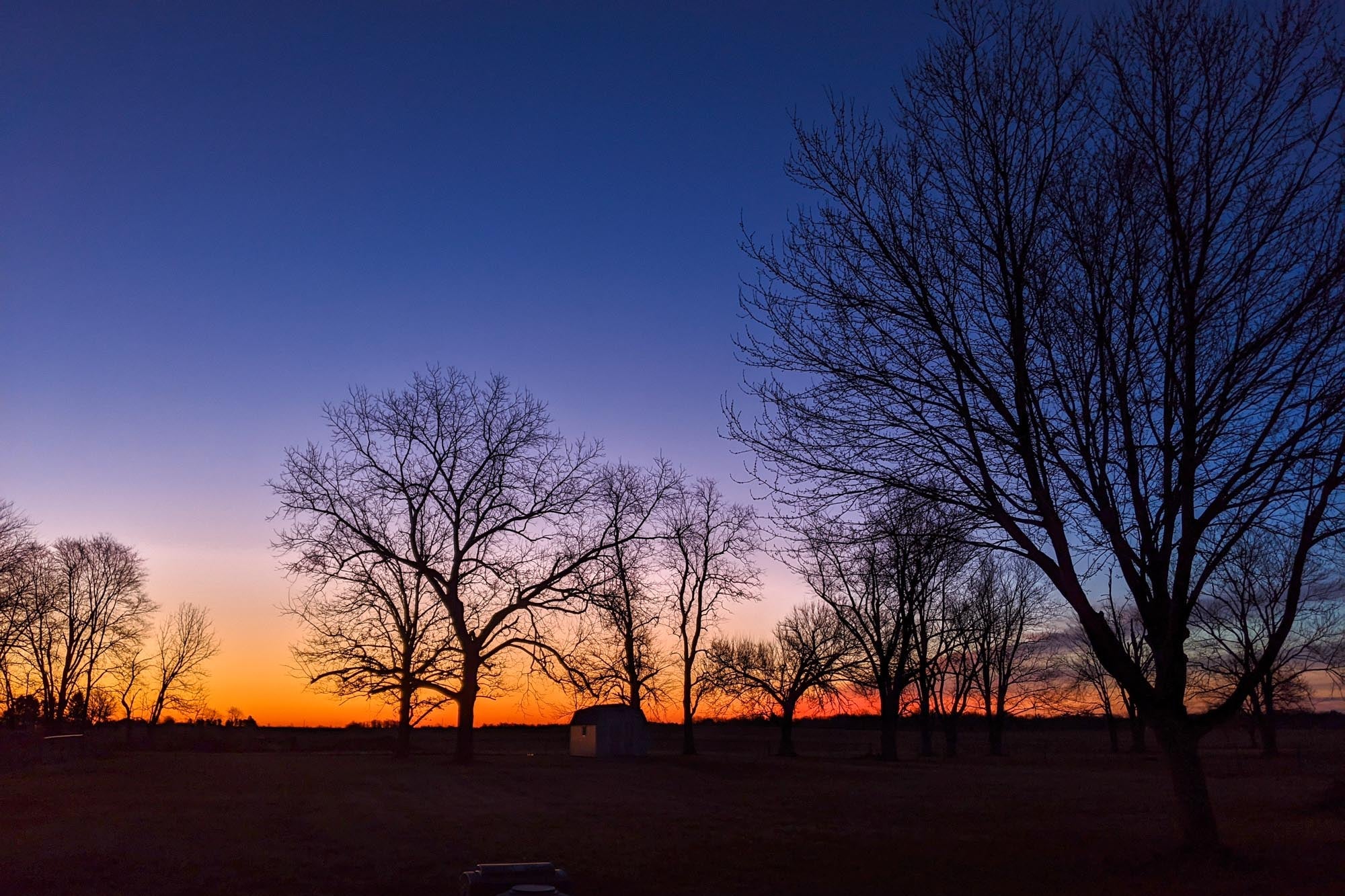 A sunset over a field with trees