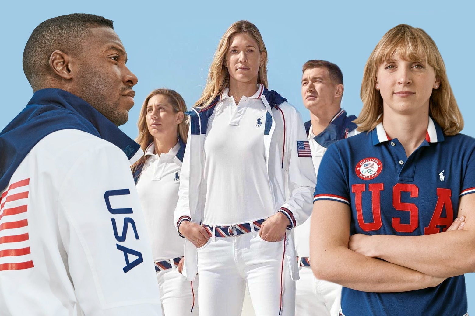Five Olympic athletes modeling the Ralph Lauren outfits of windbreakers, polo shirts, and white jeans.