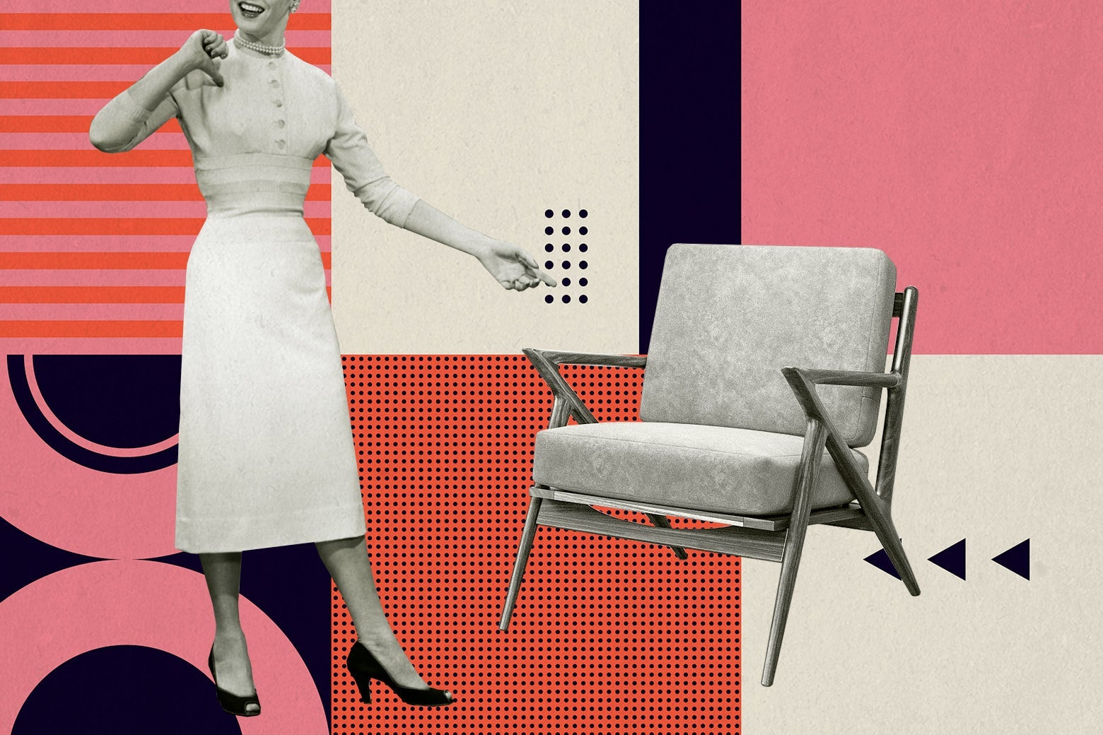 A white woman wearing pearls, a prim tight-waisted dress, and heels smiles and points at a midcentury modern chair against a colorful background of midcentury modern geometric patterns