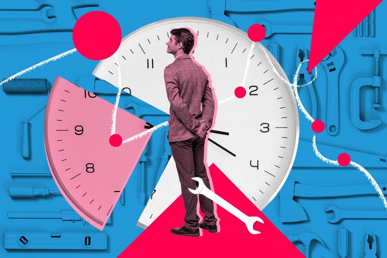 Photo illustration of a man in front of a clock and dots in a graph.