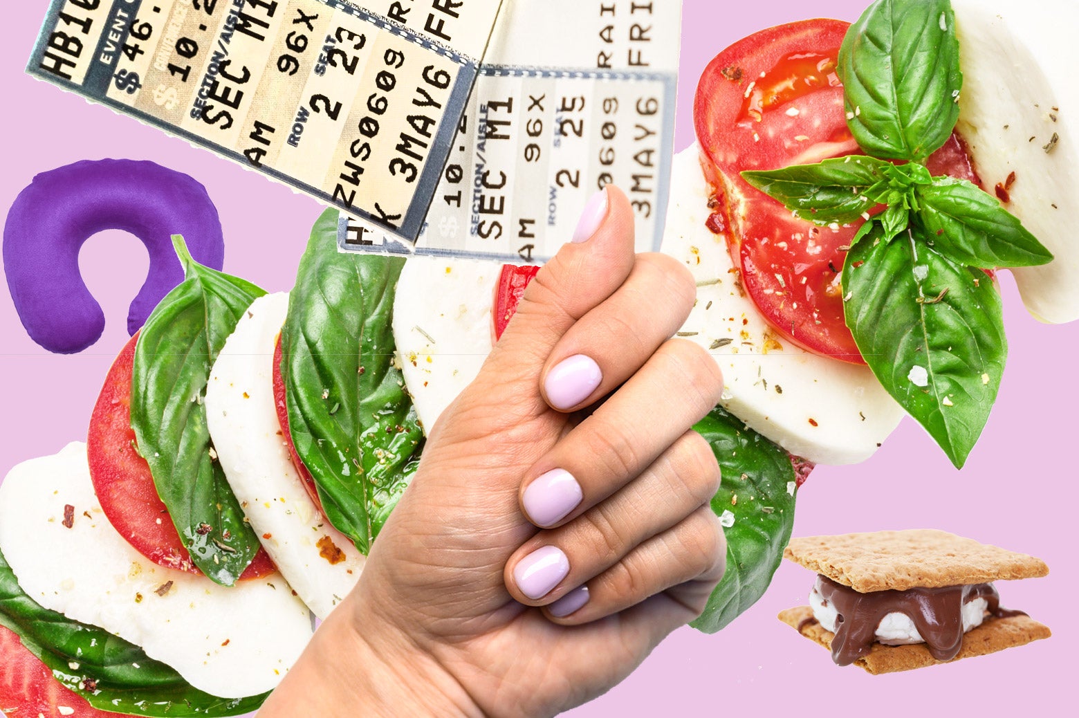 A collage of a gel manicure, caprese, a neck pillow, concert tickets, and smores. 