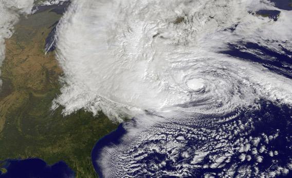 Hurricane Sandy, pictured at 1440 UTC, churns off the east coast on October 29, 2012 in the Atlantic Ocean.
