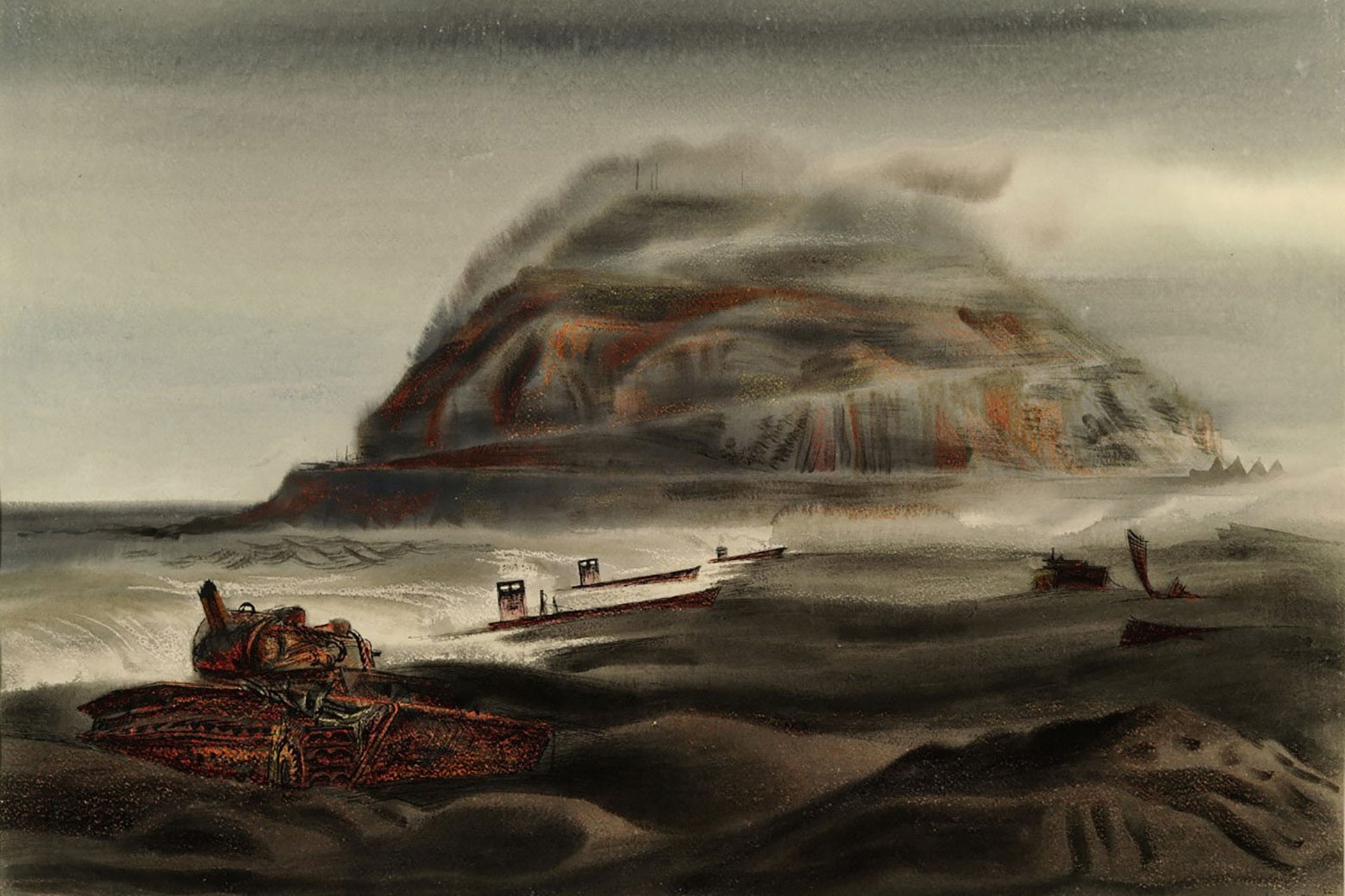 Description by the artist: "As darkness closes in at Iwo, the tragic section of beach below Suribachi becomes unearthly and ghostlike in the fading light. The beach is deserted except for the wrecks, which litter its entire length, rusted and partially buried in the sand."