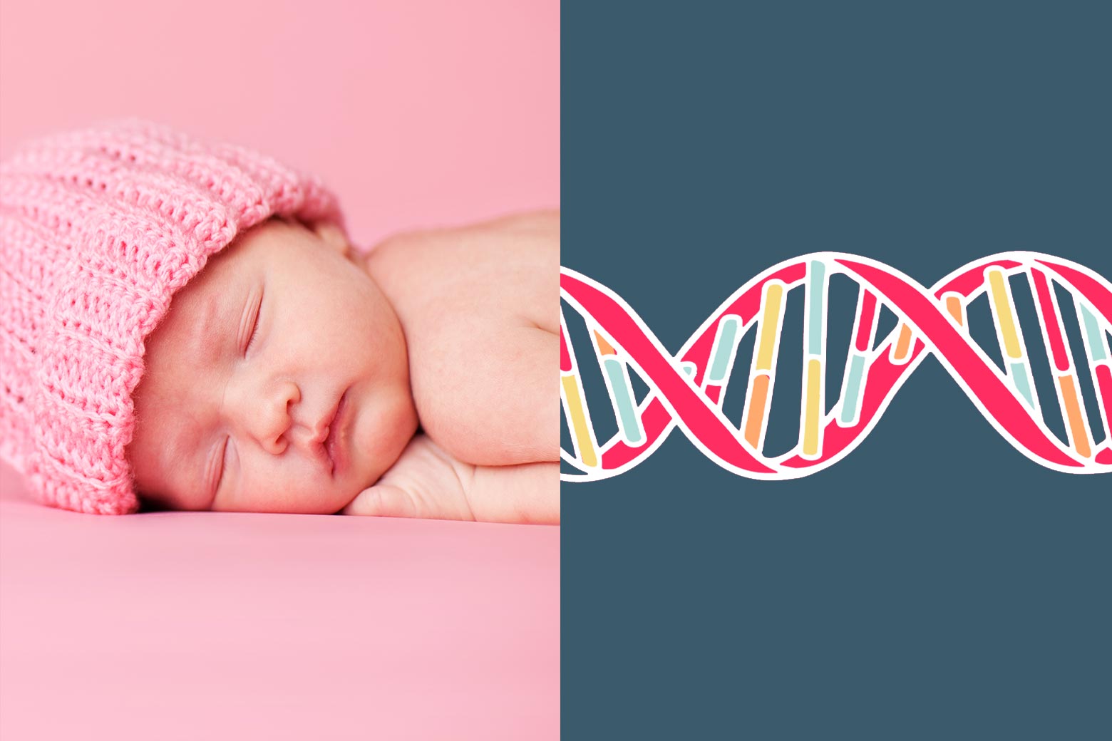 Photo of a sleeping baby wearing a pink beanie next to an illustration of a double helix