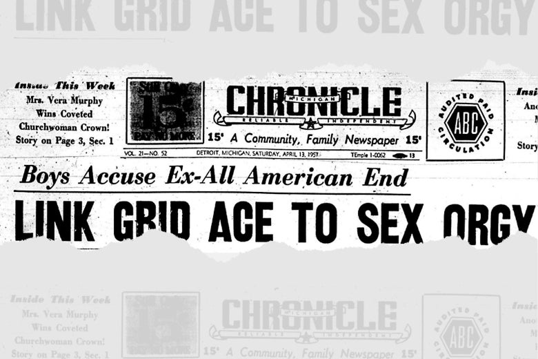 The headline is "Boys Accuse Ex-All American End: Link Grid Ace to Sex."