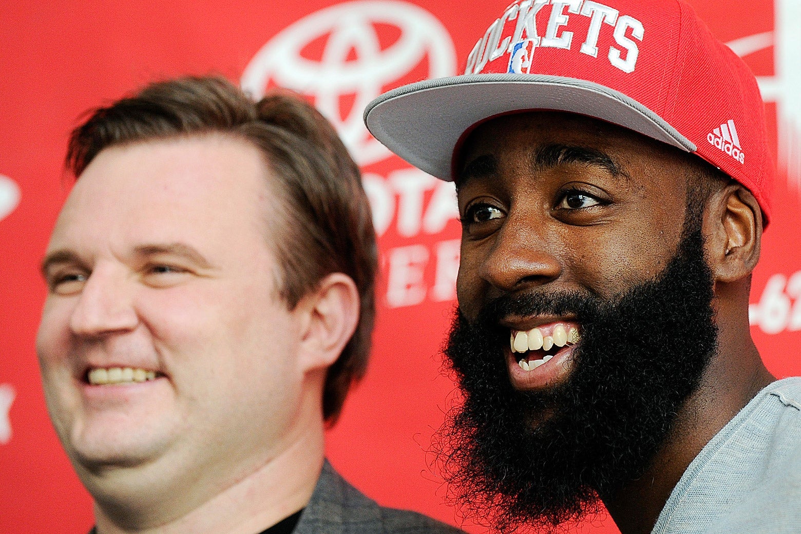 Daryl Morey and James Harden smile for the cameras