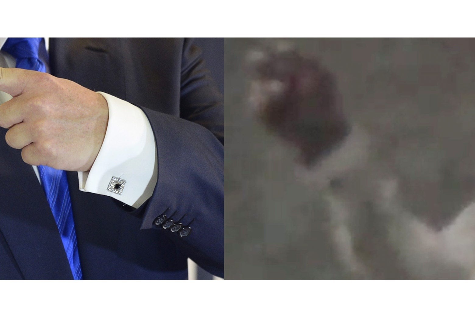 Side-by-side photo illustration of Trump's cufflinks in the Miss Universe 2013 photo and the Trump-like figure from the video.