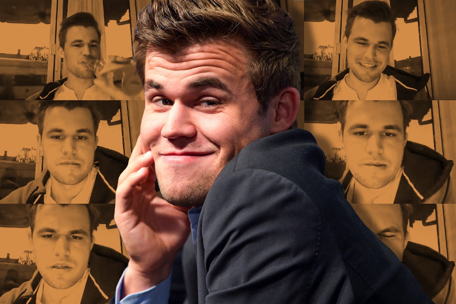 Magnus Carlsen smirks and holds his hand up to his face. Behind him are screenshots of his face from livestreams.