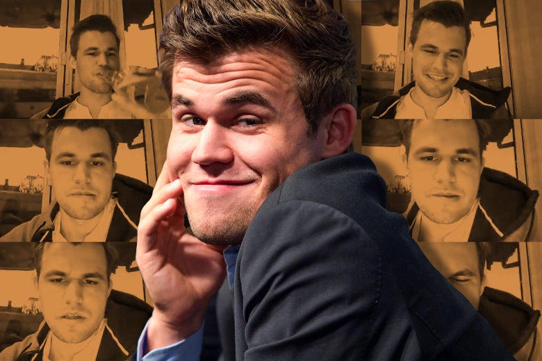 Magnus Carlsen smirks and holds his hand up to his face. Behind him are screenshots of his face from livestreams.