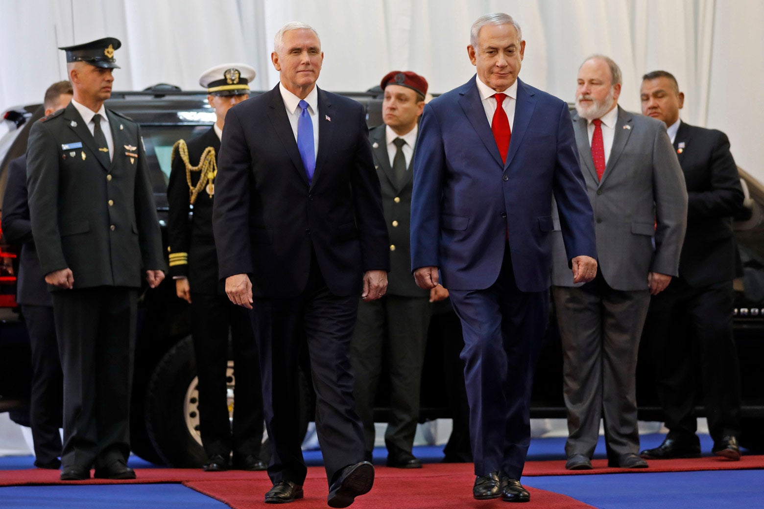 U.S. Vice President Mike Pence (C-L) is welcomed by Israeli Prime Minister Benjamin Netanyahu (C-R) at a ceremony at the Prime Minister's Office in Jerusalem on January 22, 2018.