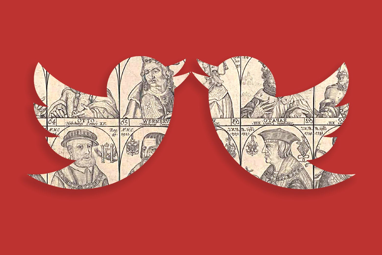Two Twitter bird logos constructed out of images of the Habsburg dynasty.