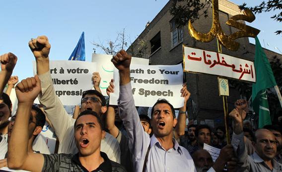 Iranians protest against the publication by a French satirical weekly of a cartoons depicting Prophet Mohammed.