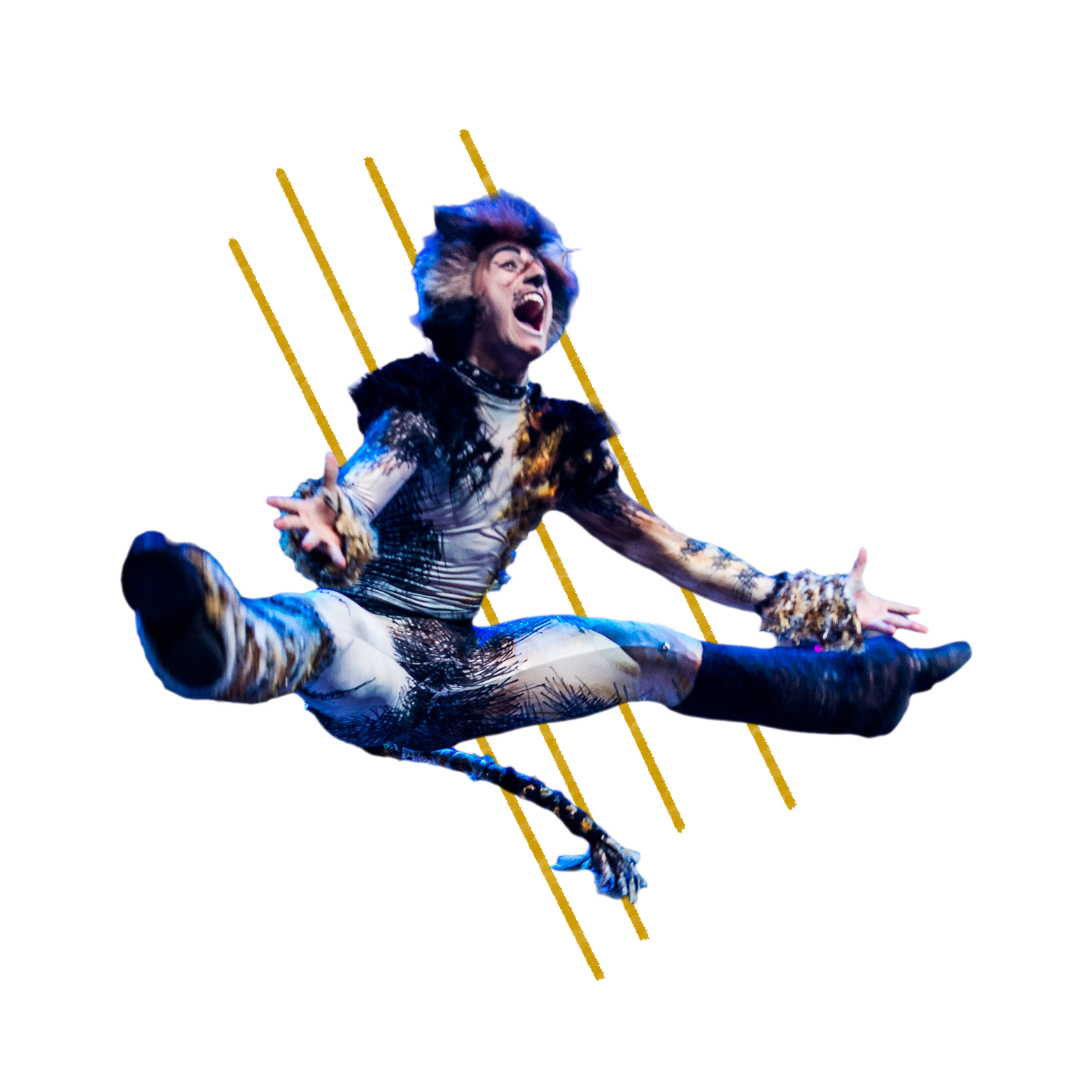 A cast member leaps in the air.