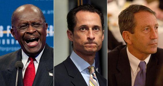 US Republican presidential hopeful Herman Cain, Rep. Anthony Weiner, and South Carolina Governor Mark Sanford.