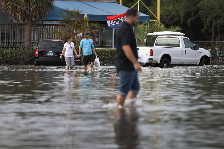 NORTH MIAMI, FL - NOVEMBER 14: Yaneisy Duenas (L) and Ferando Sanudo walk through the flooded parking lot to their boat at the Haulover Marine Center on November 14, 2016 in North Miami, Florida. The flood waters are caused by the combination of the lunar orbit which causes seasonal high tides, also known as a King tide, and what some scientists believe is rising sea levels due to climate change. (Photo by Joe Raedle/Getty Images)