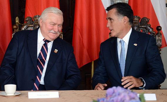Republican presidential candidate and former Governor of Massachusetts Mitt Romney (R) meets with former Polish President and Nobel Peace Prize winner Lech Walesa, during a meeting at Artus Court, in Gdansk, on 30, 2012.