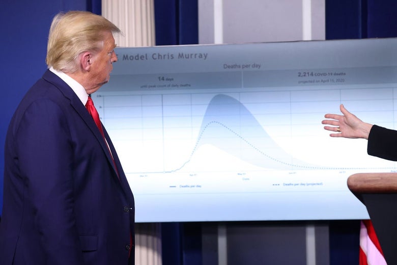 Trump, in the White House briefing room, looks at a chart projecting an imminent surge of coronavirus fatalities.