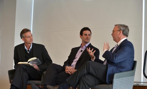 Robert Wright (left) speaks with Jared Cohen (center) and Eric Schmidt (right) about their book The New Digital Age.