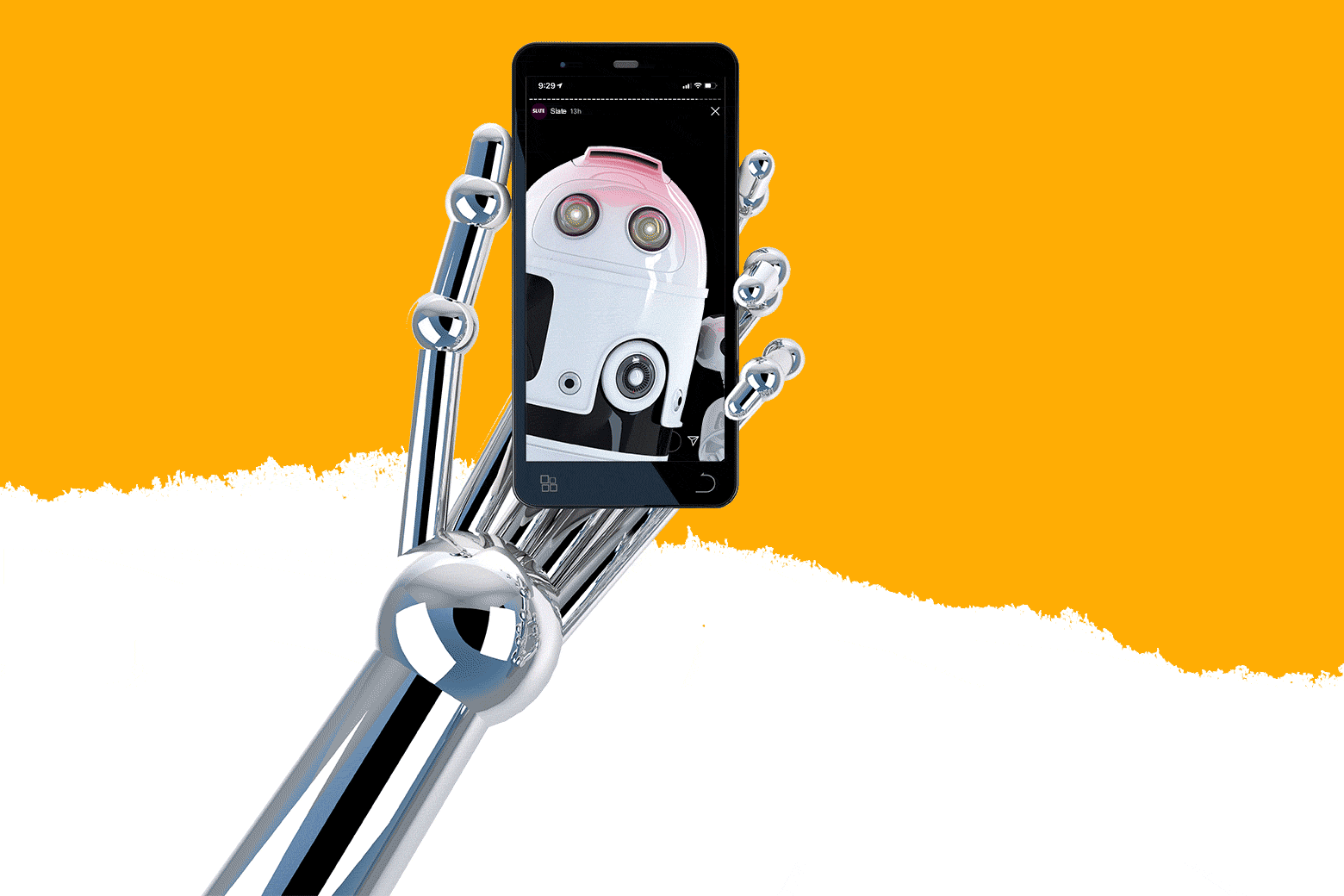 Robot watching an Instagram story on a phone.