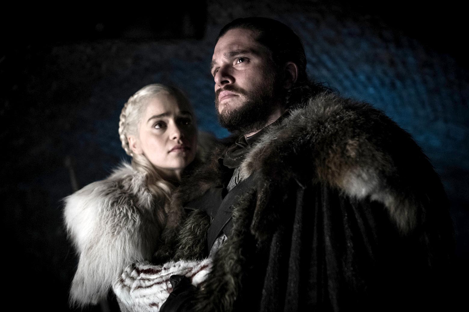 Emilia Clarke as Daenerys Targaryen, Kit Harington as Jon Snow in Game of Thrones Season 8, Episode 2.