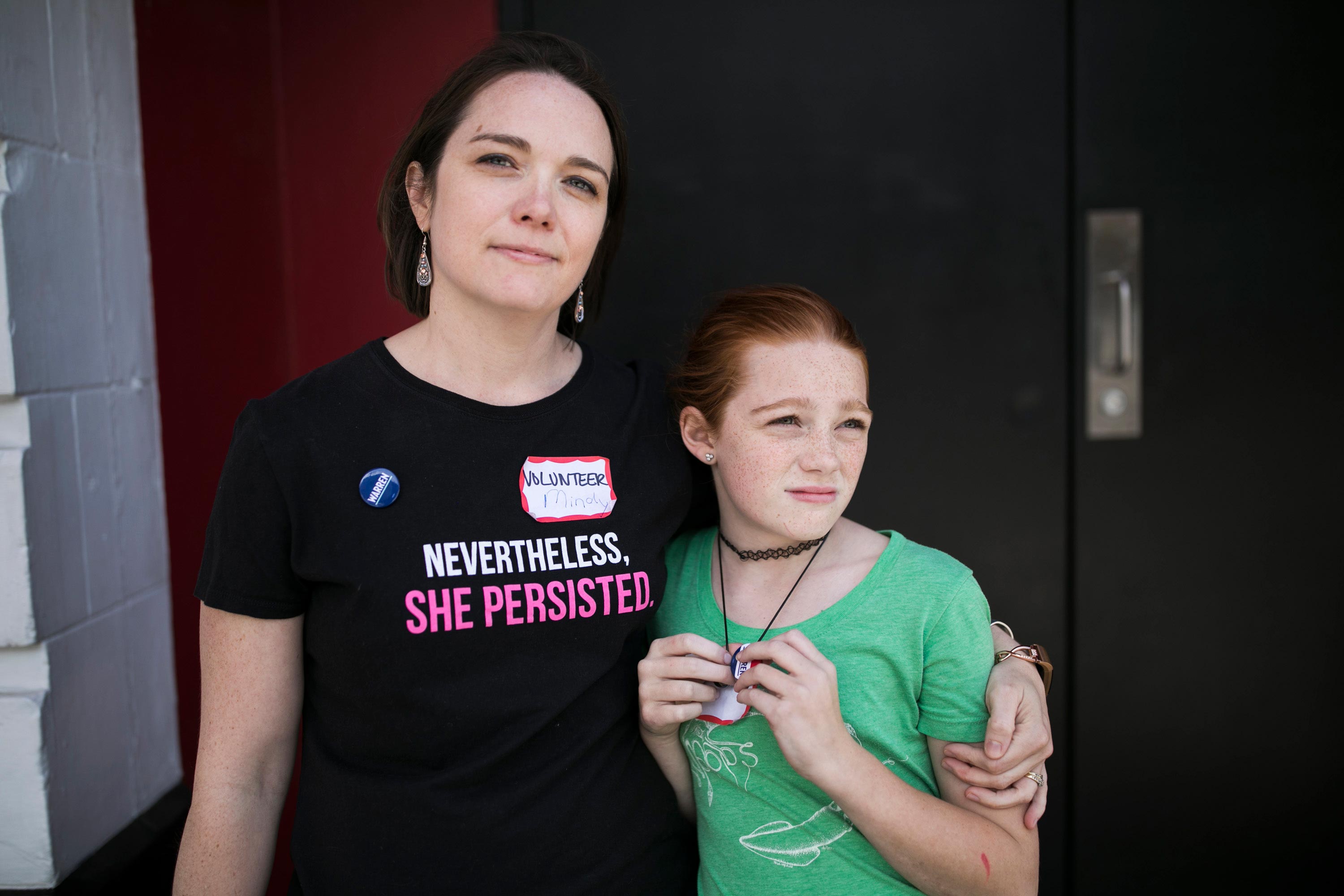 Mindy Nagel and Adelina Nagel pose for a portrait after hearing Sen. Elizabeth Warren speak at Bogart's in Cincinnati on May 11.