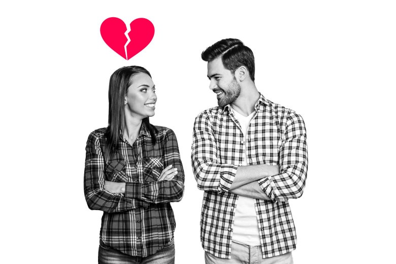 A man and a woman in plaid standing with their arms crossed and smiling at each other, with a graphic of a broken heart over the woman's head.