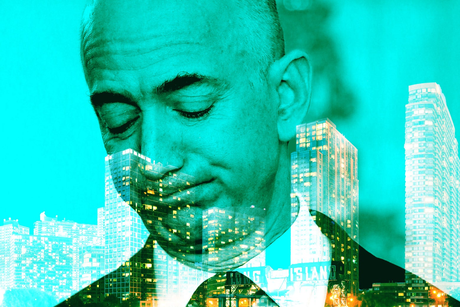 Jeff Bezos over the city skyline
