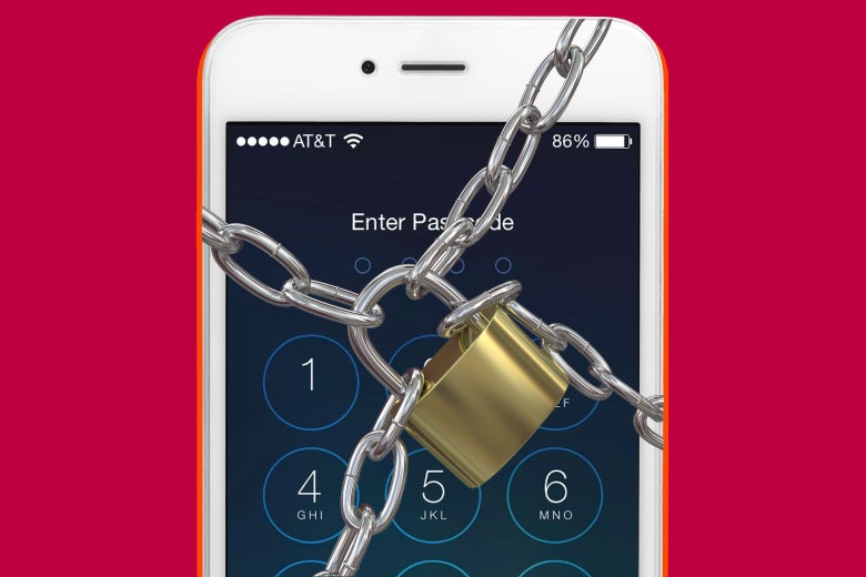 Photo illustration: an iPhone lock screen with a padlock and chain on top.