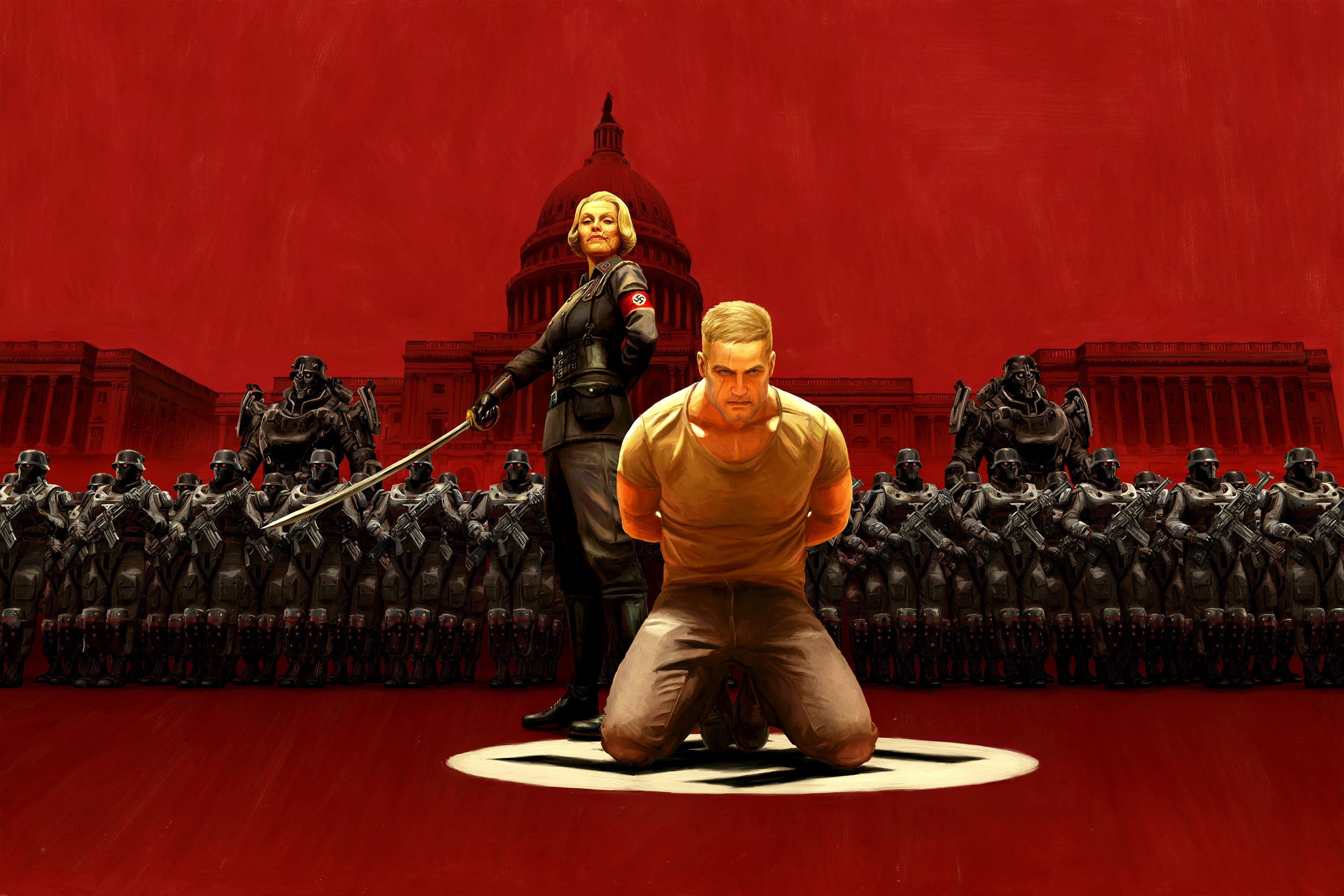 Promotional art from Wolfenstein II: The New Colossus, featuring a Nazi officer holding a sword as a man sits on his knees, bound.