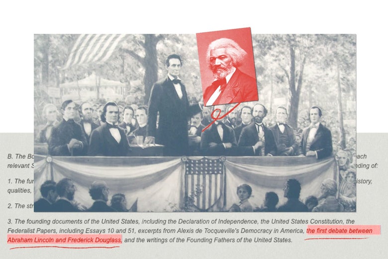 Illustration of Abraham Lincoln and Stephen Douglas outdoors at a debate, with Stephen Douglas' face crossed out and a photo of Frederick Douglass pasted on top, all overlaid on an excerpt of the Virginia bill containing the line about the first debate between Abraham Lincoln and Frederick Douglass, which did not happen