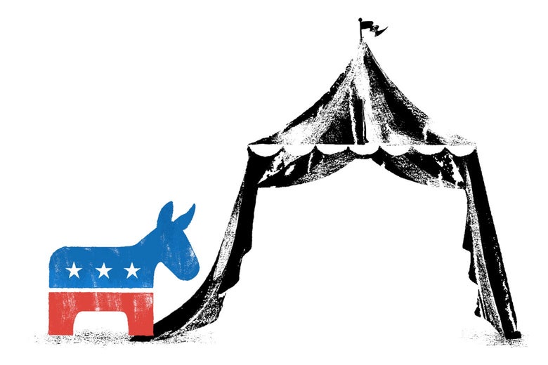 A Democratic donkey with its front legs standing on the bottom of one side of a party tent