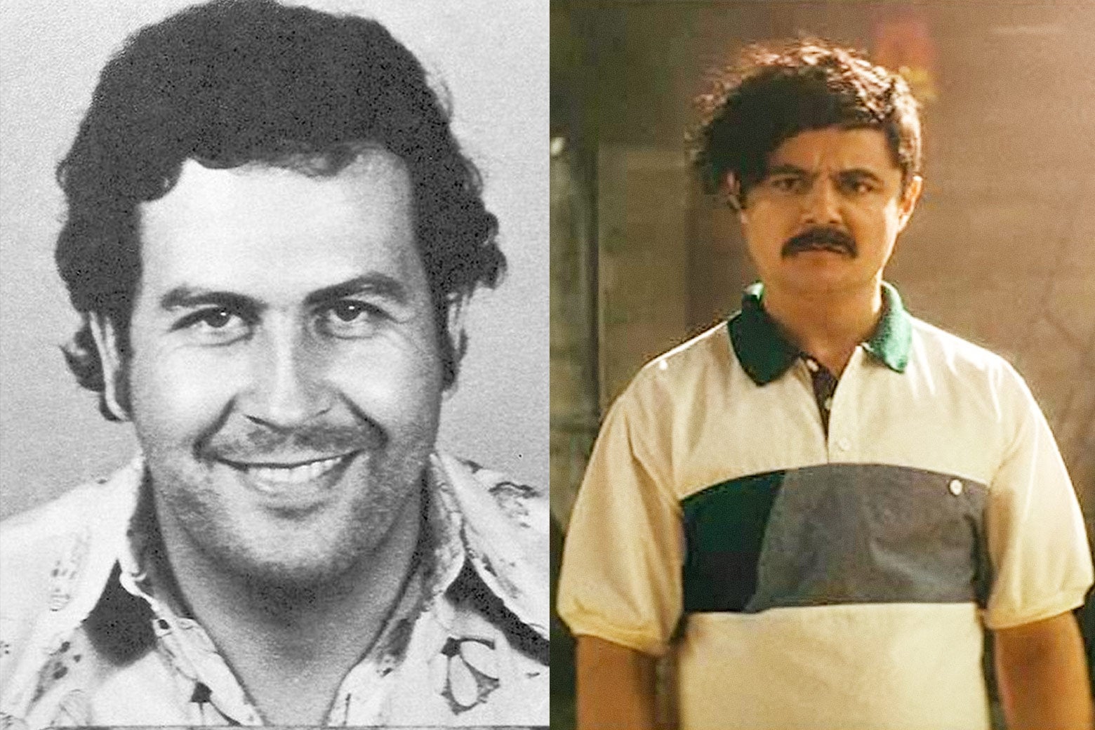 In a greyscale photo, Pablo Escobar smiles into the camera. In color, Castro's brow is furrowed, and he has a thick mustache.