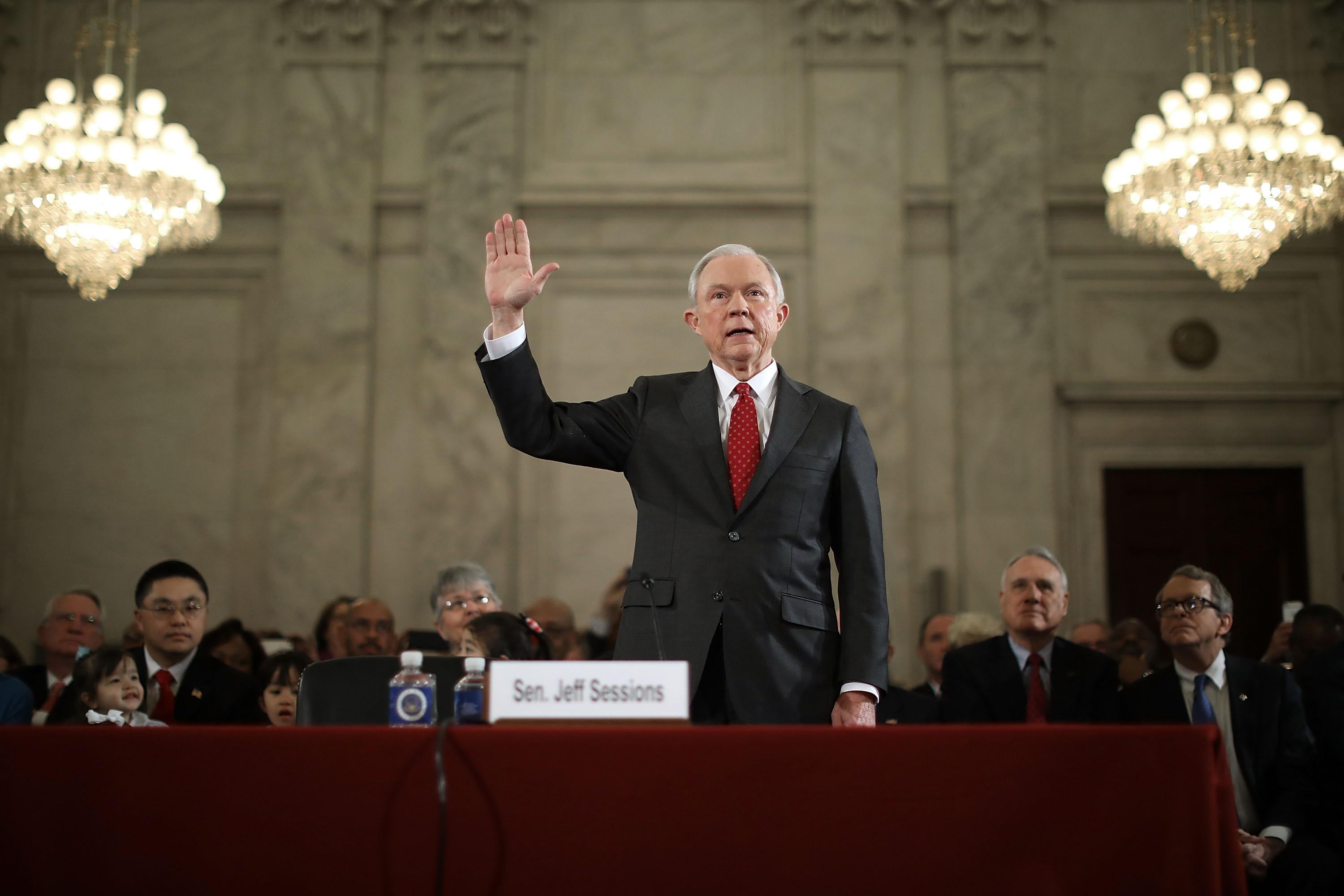 WASHINGTON, DC - JANUARY 10:  Sen. Jeff Sessions (R-AL) is sworn in before the Senate Judiciary Committee during his confirmation hearing to be the U.S. attorney general January 10, 2017 in Washington, DC. Sessions was one of the first members of Congress to endorse and support President-elect Donald Trump, who nominated him for Attorney General.  (Photo by Chip Somodevilla/Getty Images)
